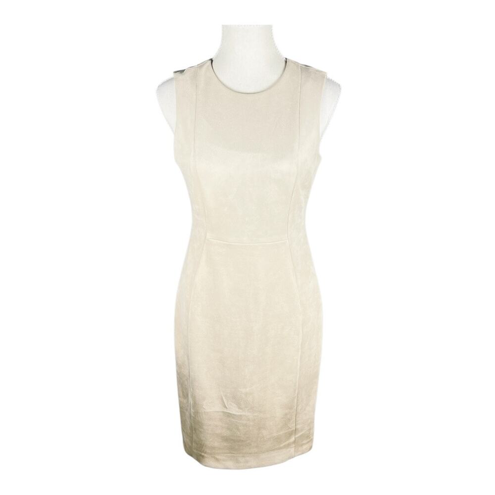Calvin Klein Faux Suede Sheath Dress Soft Beige Sleeveless Gold Zip Back Size 4